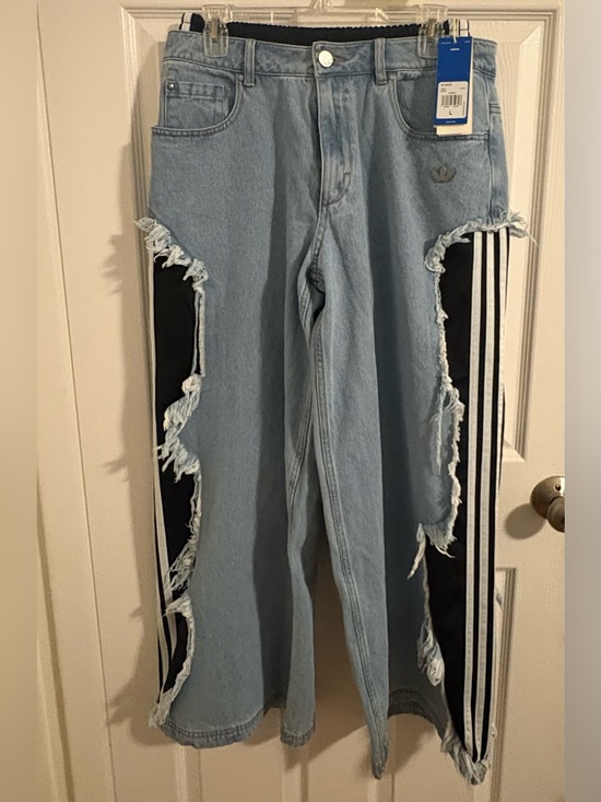 adidas Originals Denim - adidas Originals Light Blue Denim Wide Leg Jeans with Black Stripe Panels
